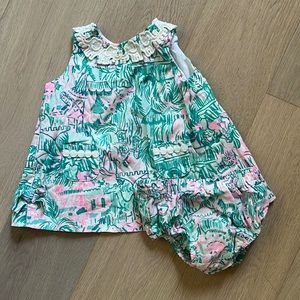 Lilly Pulitzer- Baby Dress and Bloomers, Elephants Pink and Green -6-12 mo